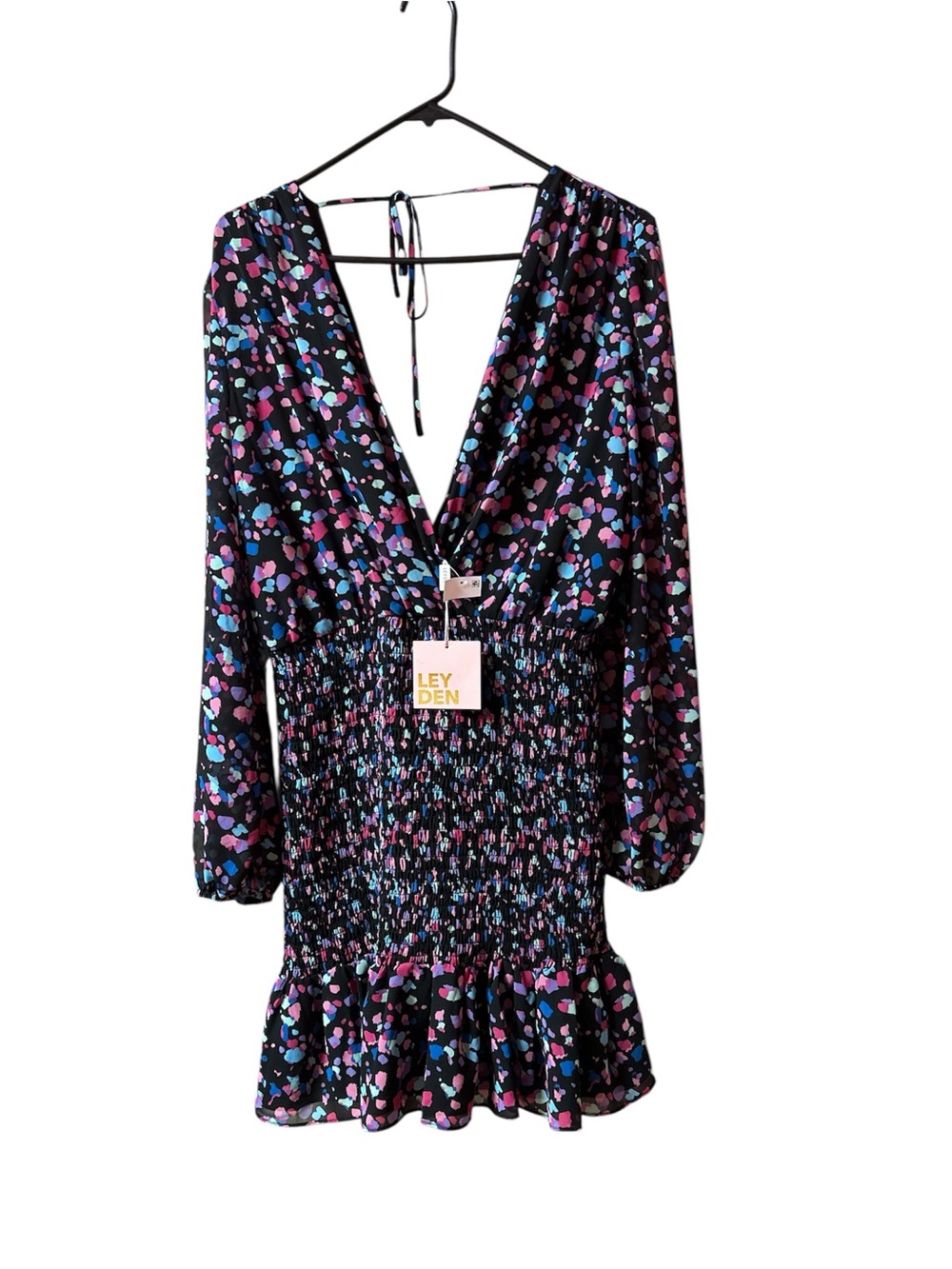 Leyden Black Mini Dress with Pink & Blue Colorful Floral Print NWT